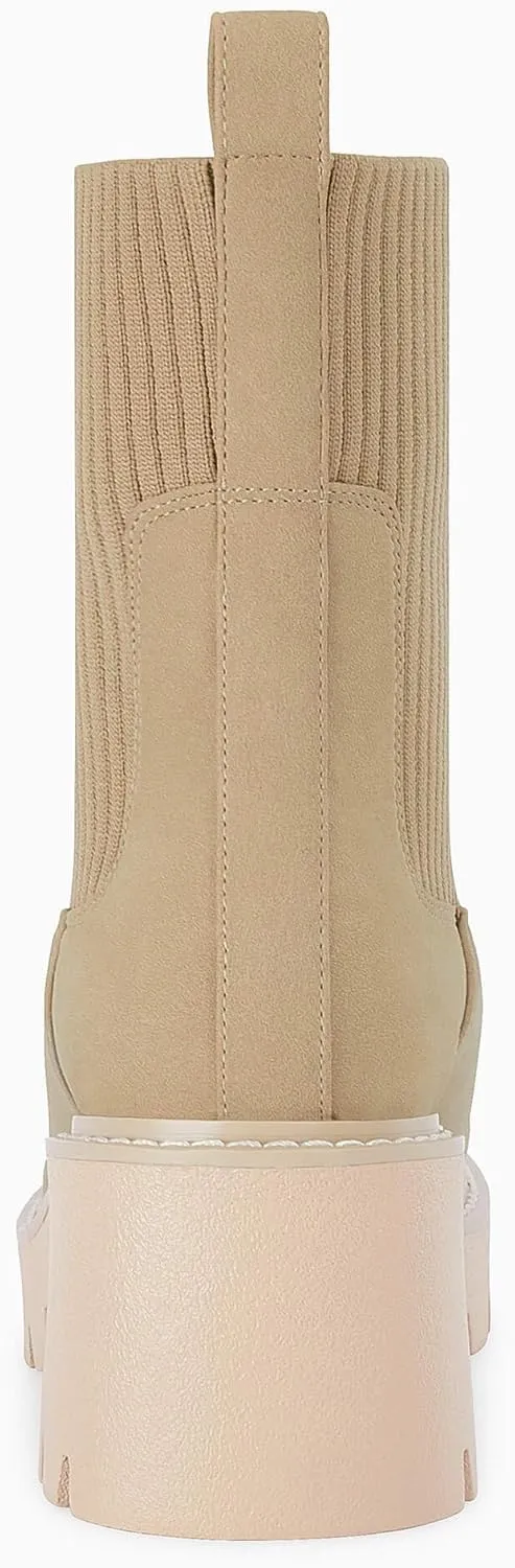 Coutgo Womens Platform Lug Sole Chelsea Ankle Boots Chunky Block Heel Elastic Slip on Short Booties Shoes