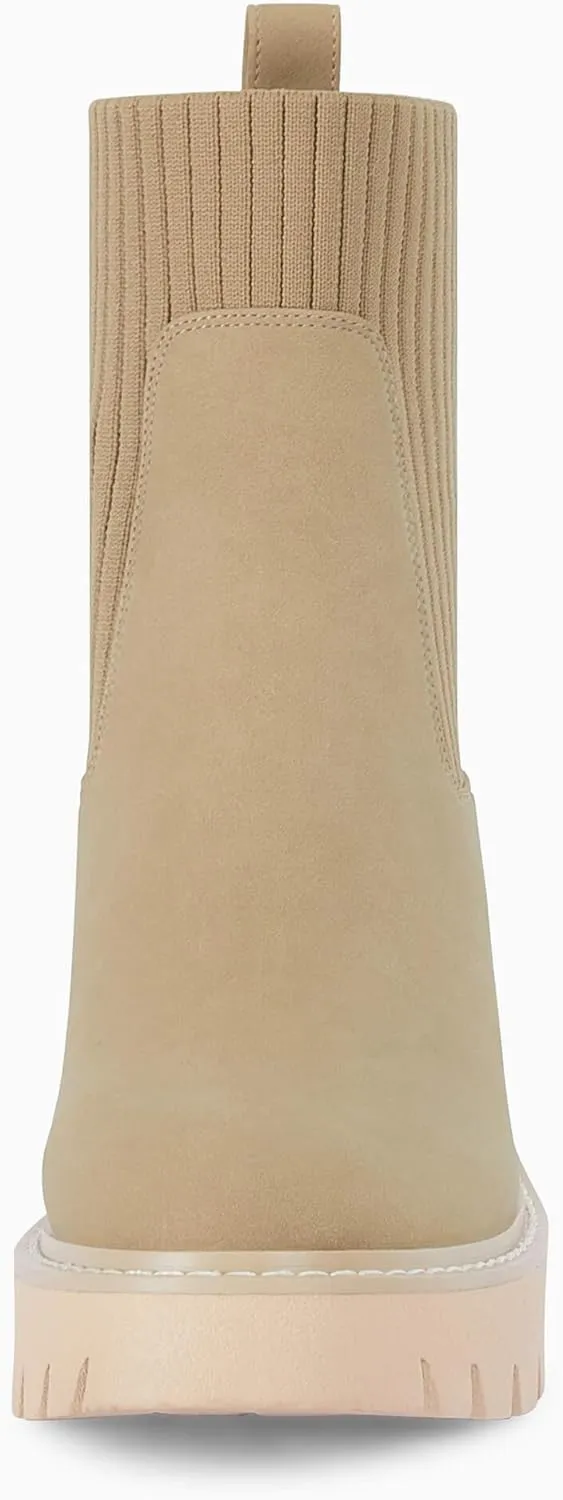 Coutgo Womens Platform Lug Sole Chelsea Ankle Boots Chunky Block Heel Elastic Slip on Short Booties Shoes