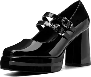 Coutgo Women's Platform Mary Jane Pumps Two Strap Square Toe Chunky Block Heel Sandals Party Shoes