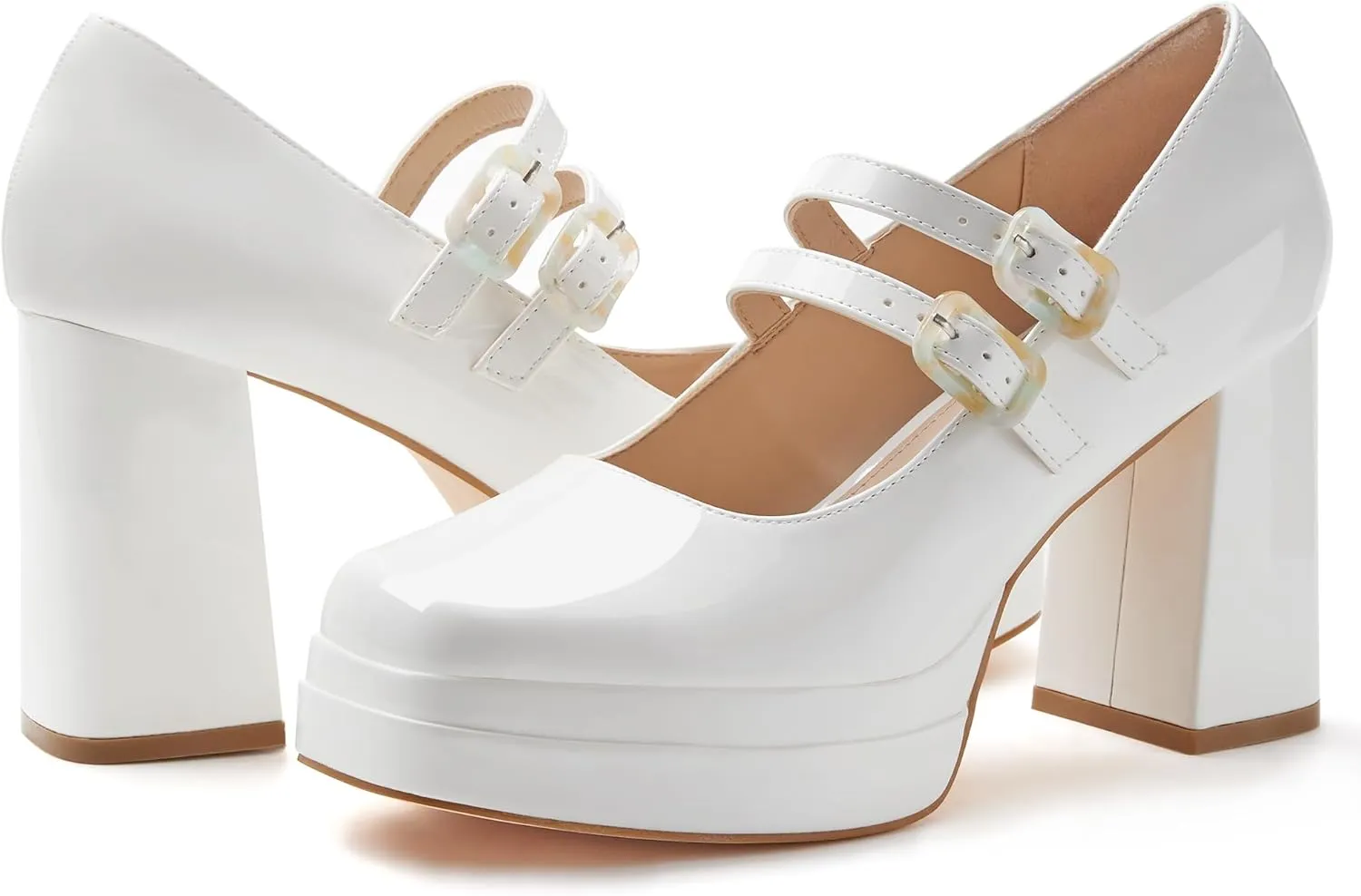 Coutgo Women's Platform Mary Jane Pumps Two Strap Square Toe Chunky Block Heel Sandals Party Shoes