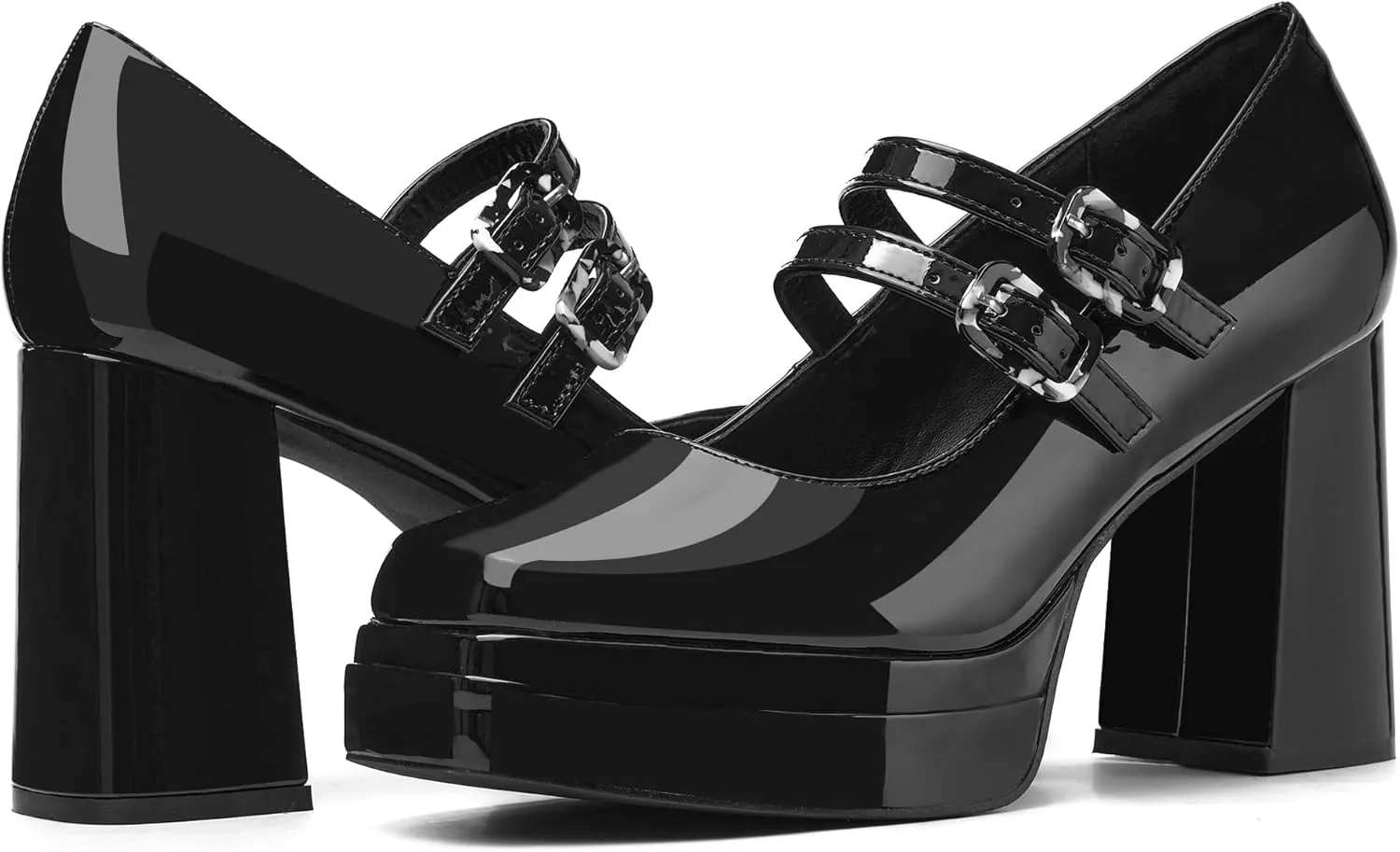 Coutgo Women's Platform Mary Jane Pumps Two Strap Square Toe Chunky Block Heel Sandals Party Shoes