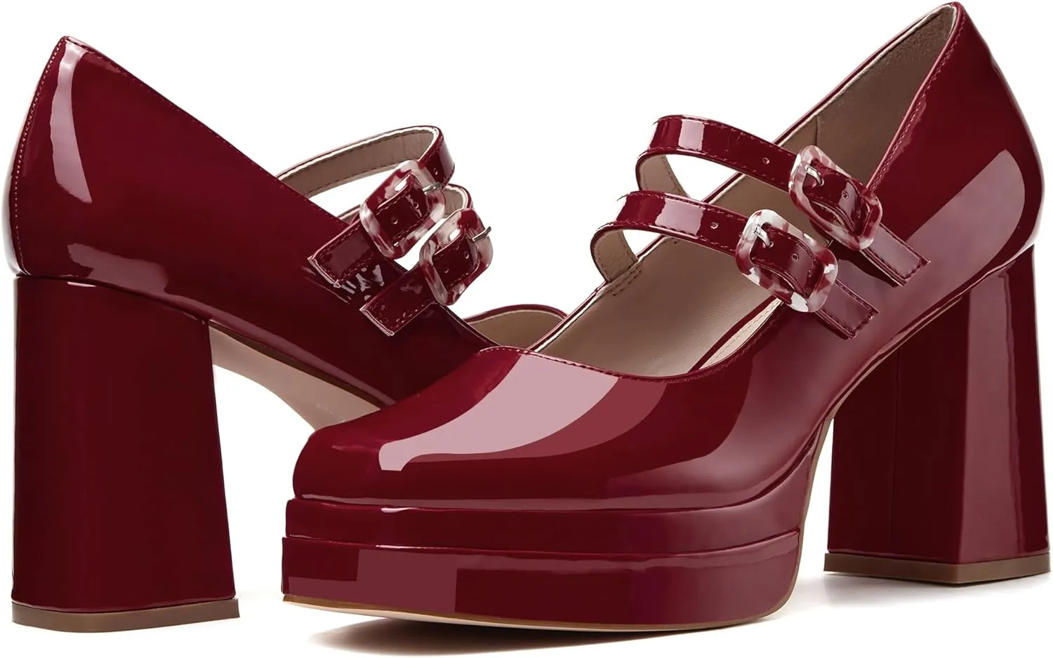 Coutgo Women's Platform Mary Jane Pumps Two Strap Square Toe Chunky Block Heel Sandals Party Shoes