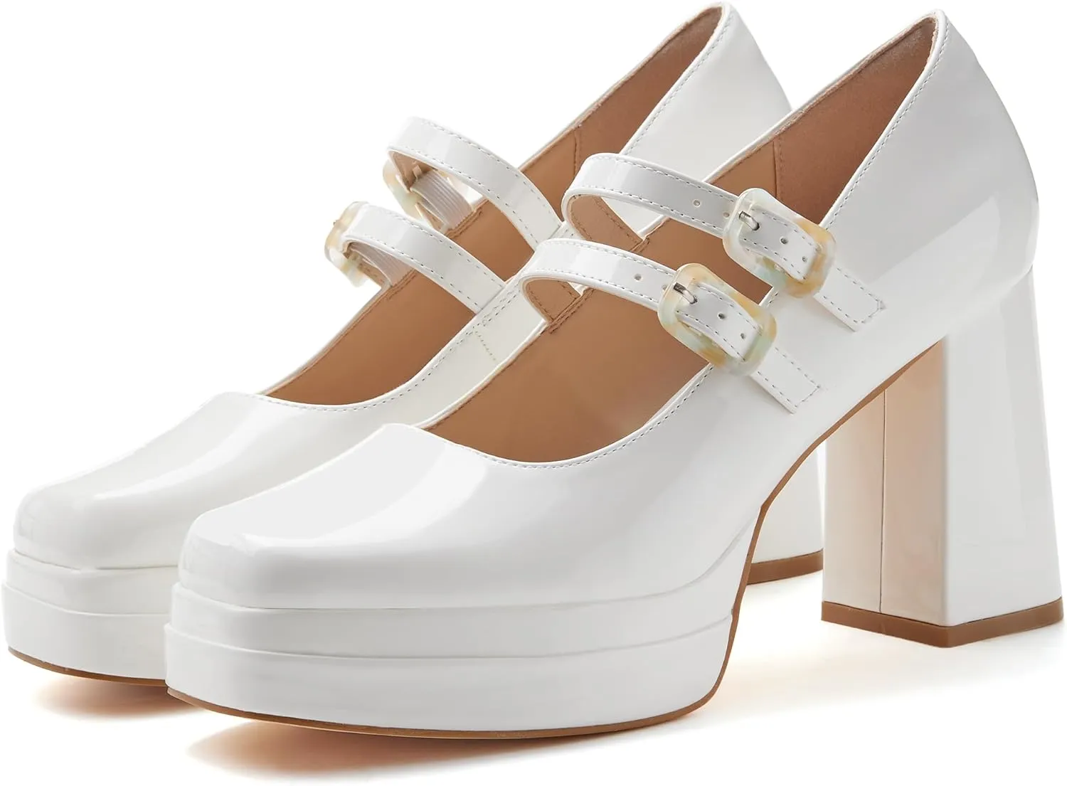 Coutgo Women's Platform Mary Jane Pumps Two Strap Square Toe Chunky Block Heel Sandals Party Shoes