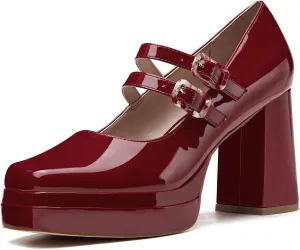 Coutgo Women's Platform Mary Jane Pumps Two Strap Square Toe Chunky Block Heel Sandals Party Shoes