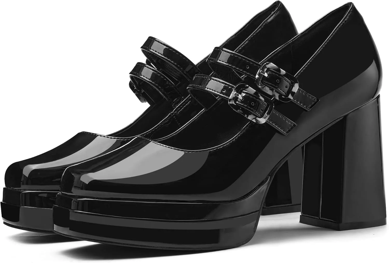 Coutgo Women's Platform Mary Jane Pumps Two Strap Square Toe Chunky Block Heel Sandals Party Shoes