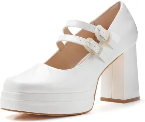 Coutgo Women's Platform Mary Jane Pumps Two Strap Square Toe Chunky Block Heel Sandals Party Shoes