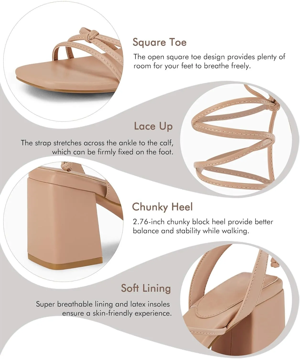 Coutgo Women's Strappy Chunky Heels Sandals Lace Up Block Heel Square Open Toe Dress Shoes