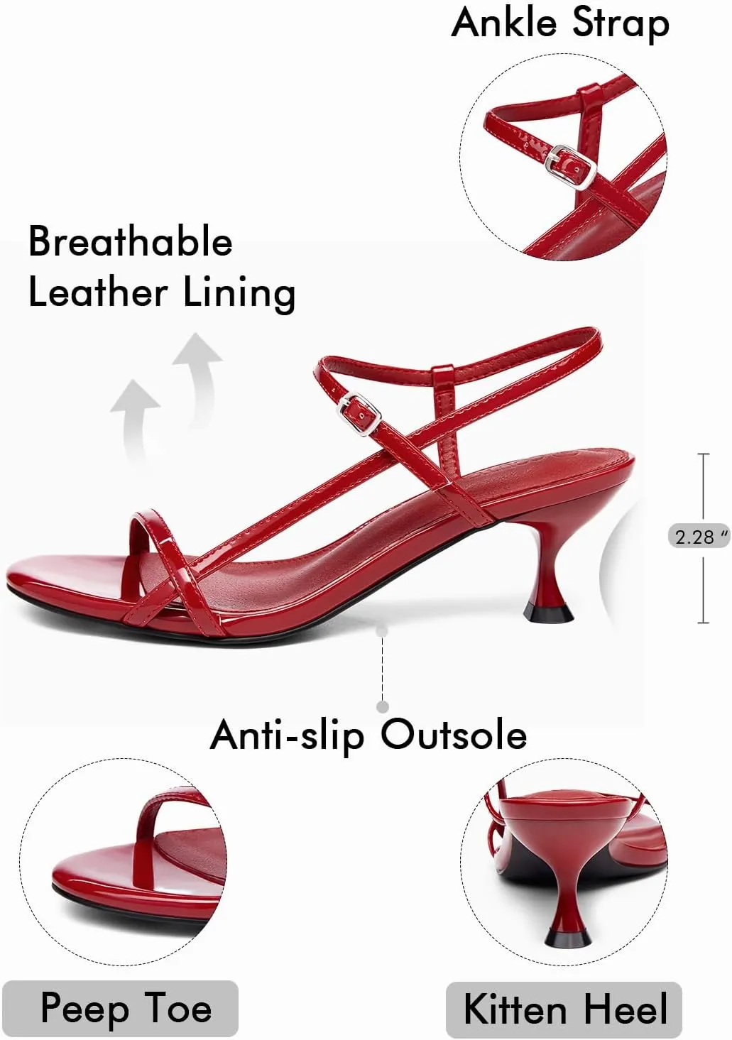 Coutgo Womens Strappy Heeled Sandals Kitten Low Heel Open Toe Ankle Strap Party Wedding Dress Shoes
