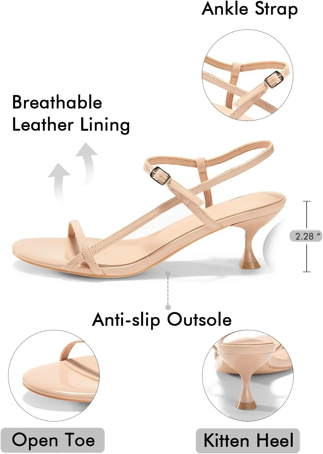 Coutgo Womens Strappy Heeled Sandals Kitten Low Heel Open Toe Ankle Strap Party Wedding Dress Shoes