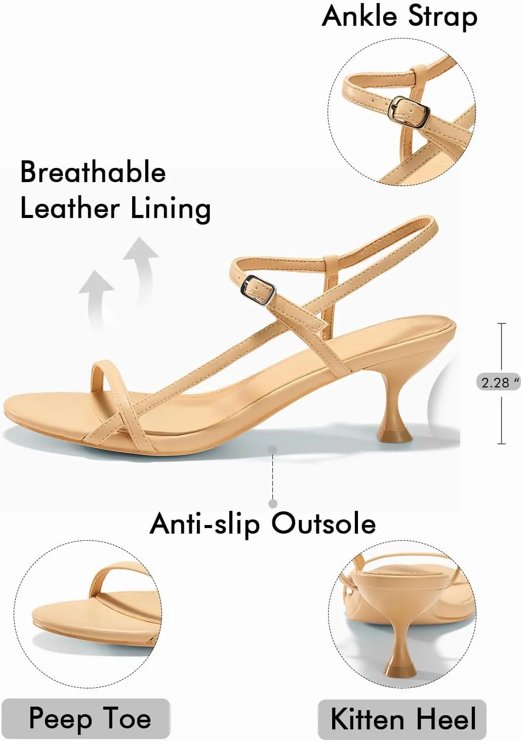 Coutgo Womens Strappy Heeled Sandals Kitten Low Heel Open Toe Ankle Strap Party Wedding Dress Shoes