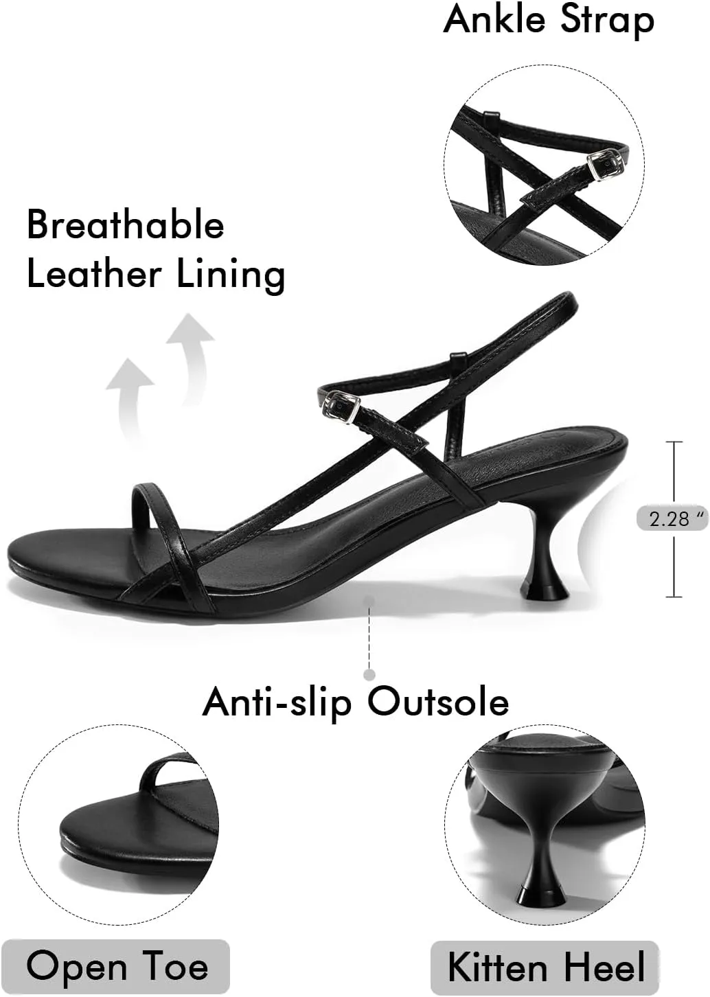 Coutgo Womens Strappy Heeled Sandals Kitten Low Heel Open Toe Ankle Strap Party Wedding Dress Shoes