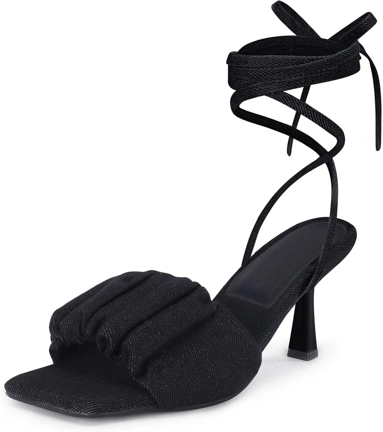Coutgo Womens Strappy Heels Lace up Sandals Denim Square Open Toe Tie-up Heels Kitten Low Heel Ankle Wrap Sandals