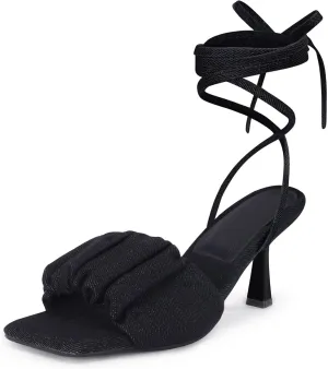 Coutgo Womens Strappy Heels Lace up Sandals Denim Square Open Toe Tie-up Heels Kitten Low Heel Ankle Wrap Sandals