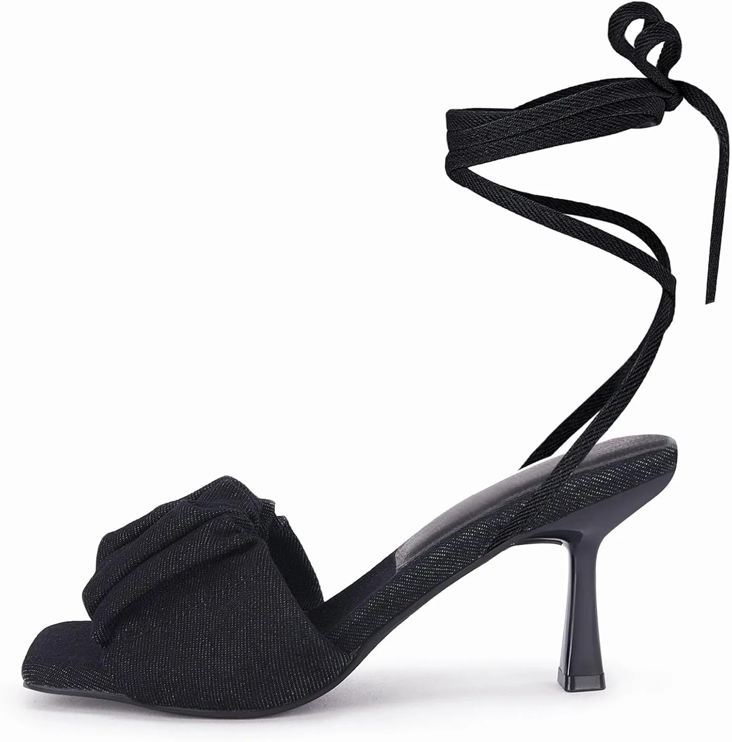 Coutgo Womens Strappy Heels Lace up Sandals Denim Square Open Toe Tie-up Heels Kitten Low Heel Ankle Wrap Sandals
