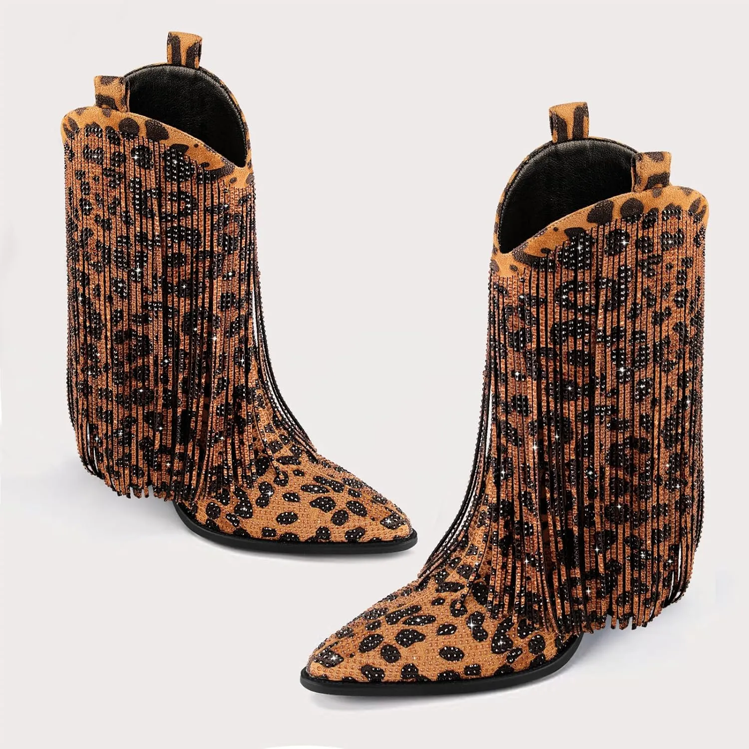 Cowboy Boots for Women - Cowgirl Western Rhinestone Sparkly Fringe Chunky Heel Pointed Toe Ankle Boots