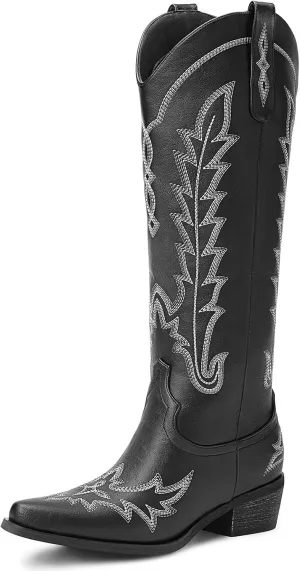 Cowboy Boots for Women - Knee High Embroidered Western Cowgirl Boots, Pointed Toe Chunky Heel Retro Country Boots, Pull On Zipper Vintage Fashion Tall Boots for Girls Ladies