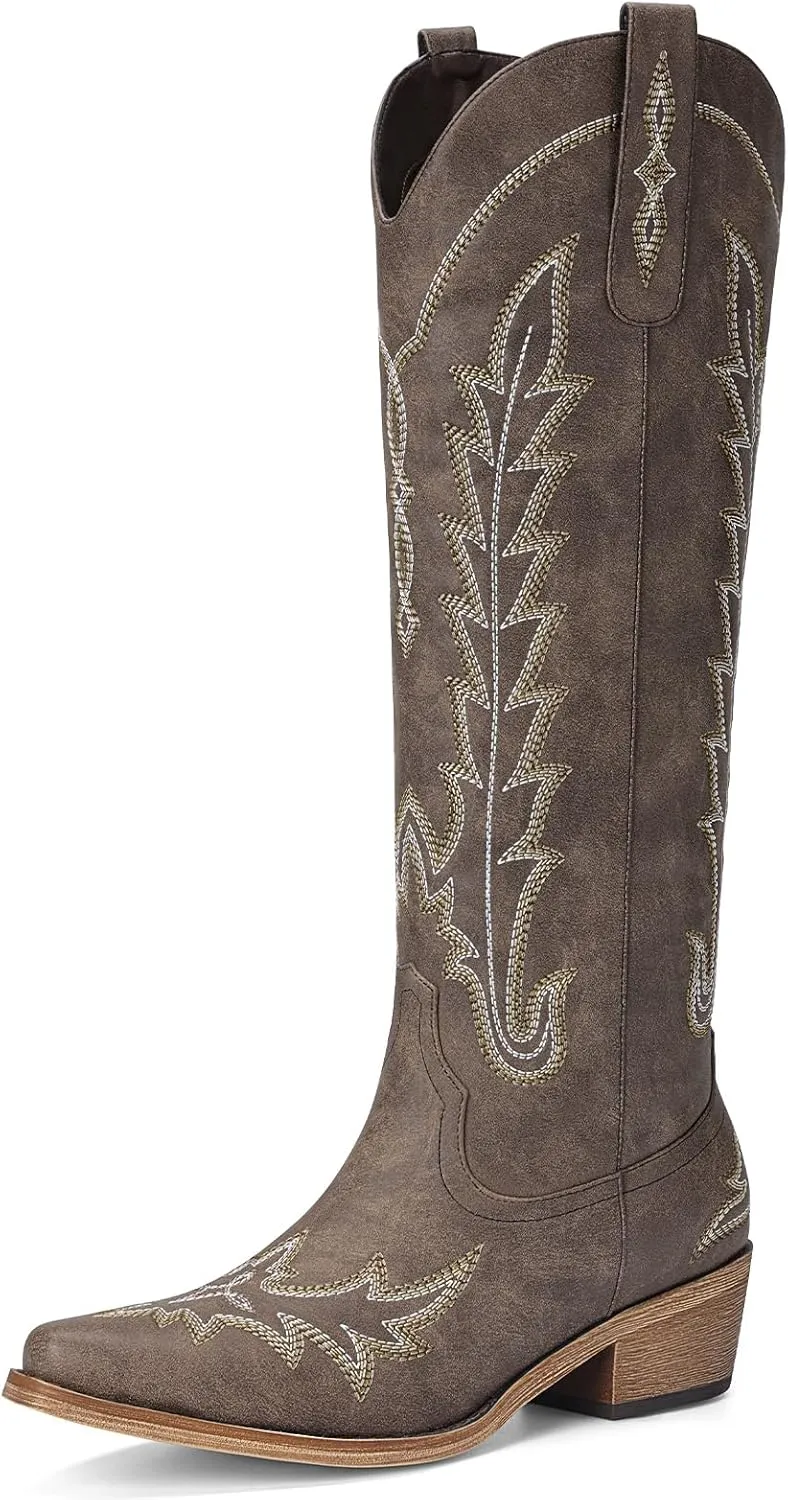 Cowboy Boots for Women - Knee High Embroidered Western Cowgirl Boots, Pointed Toe Chunky Heel Retro Country Boots, Pull On Zipper Vintage Fashion Tall Boots for Girls Ladies