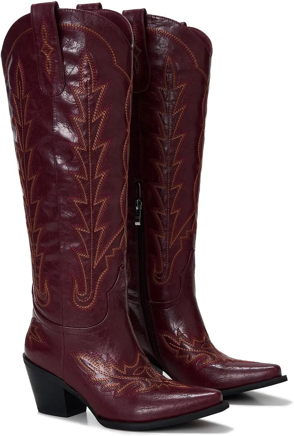 Cowgirl Boots Women – Knee High Western Cowboy Boots, Classic Embroidered, Pointed Toe, 3” Chunky Heel, Comfortable Slip On with Zipper