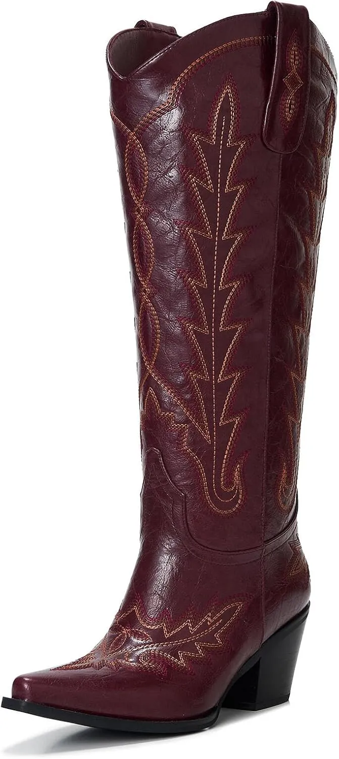 Cowgirl Boots Women – Knee High Western Cowboy Boots, Classic Embroidered, Pointed Toe, 3” Chunky Heel, Comfortable Slip On with Zipper
