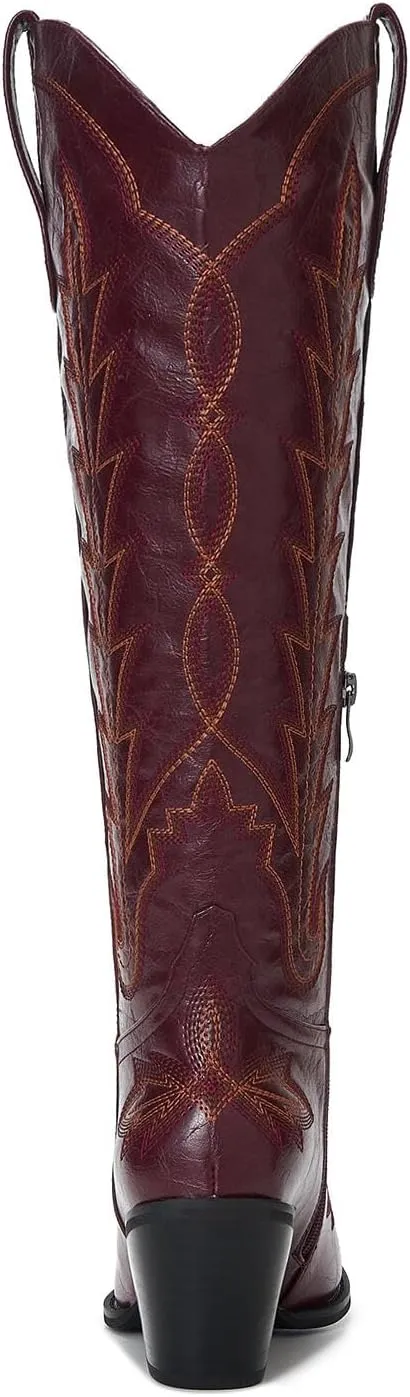 Cowgirl Boots Women – Knee High Western Cowboy Boots, Classic Embroidered, Pointed Toe, 3” Chunky Heel, Comfortable Slip On with Zipper