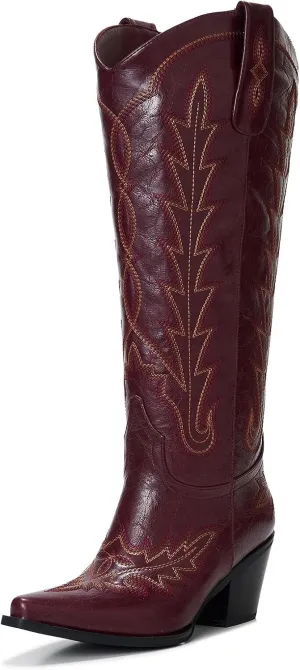 Cowgirl Boots Women – Knee High Western Cowboy Boots, Classic Embroidered, Pointed Toe, 3” Chunky Heel, Comfortable Slip On with Zipper