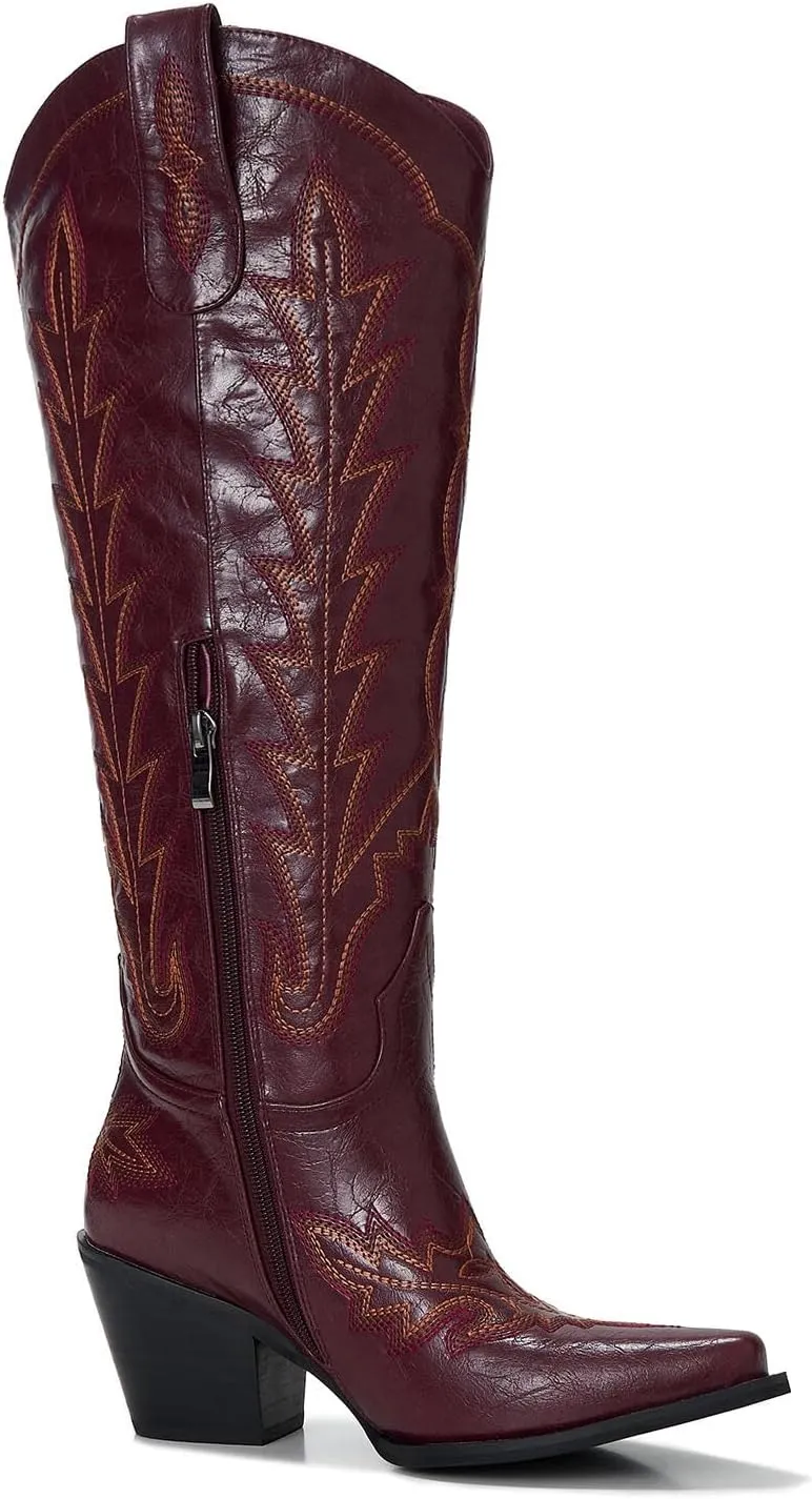 Cowgirl Boots Women – Knee High Western Cowboy Boots, Classic Embroidered, Pointed Toe, 3” Chunky Heel, Comfortable Slip On with Zipper