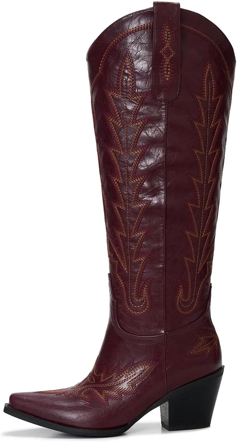 Cowgirl Boots Women – Knee High Western Cowboy Boots, Classic Embroidered, Pointed Toe, 3” Chunky Heel, Comfortable Slip On with Zipper