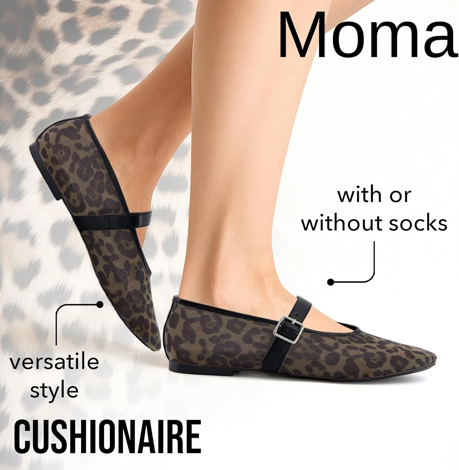 CUSHIONAIRE Moma Women's Leopard Print Mesh Mary Jane Flats – Buckle Strap, Memory Foam, Wide Widths Available