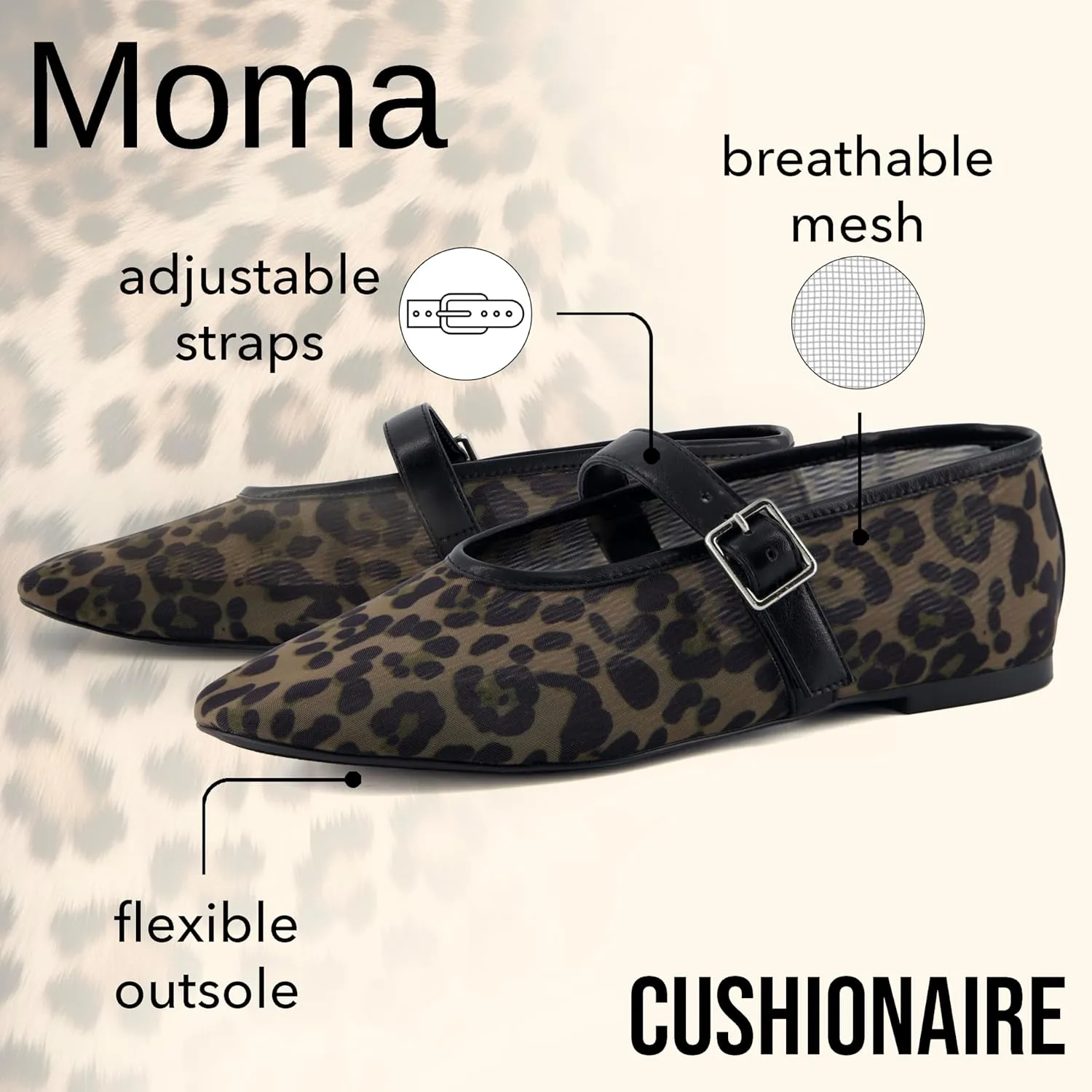 CUSHIONAIRE Moma Women's Leopard Print Mesh Mary Jane Flats – Buckle Strap, Memory Foam, Wide Widths Available