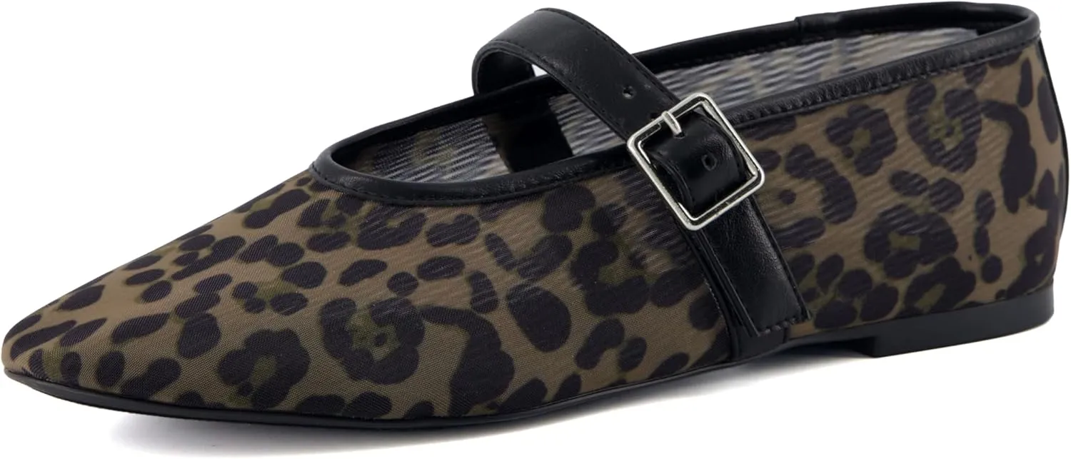 CUSHIONAIRE Moma Women's Leopard Print Mesh Mary Jane Flats – Buckle Strap, Memory Foam, Wide Widths Available
