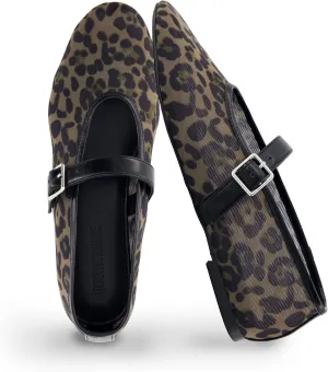 CUSHIONAIRE Moma Women's Leopard Print Mesh Mary Jane Flats – Buckle Strap, Memory Foam, Wide Widths Available