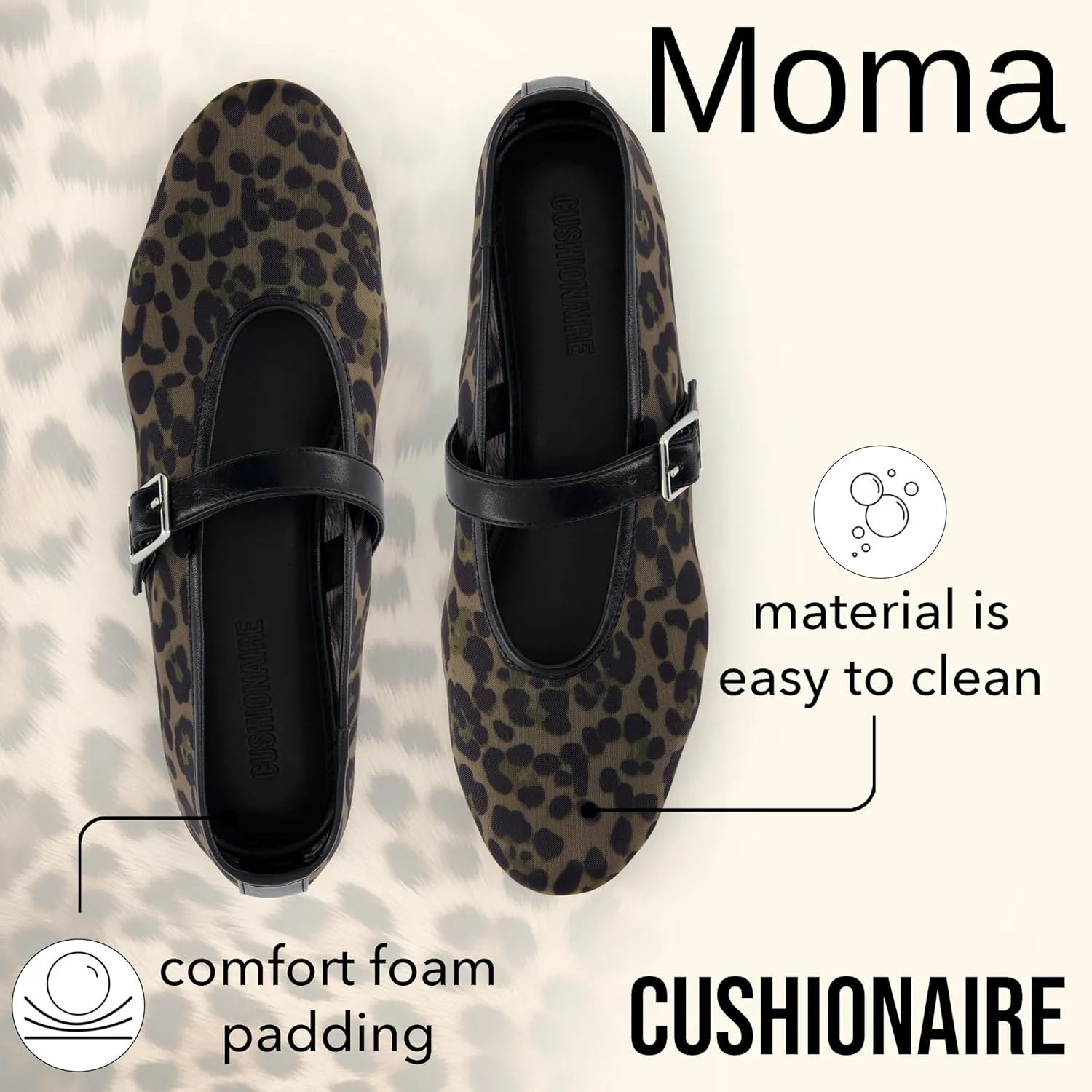 CUSHIONAIRE Moma Women's Leopard Print Mesh Mary Jane Flats – Buckle Strap, Memory Foam, Wide Widths Available