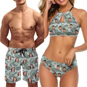 Custom Face Couple Matching Swimwear Personalized Bikini Set Swim Shorts High Waisted Bikini Swimsuit Bathing Suit for Gift