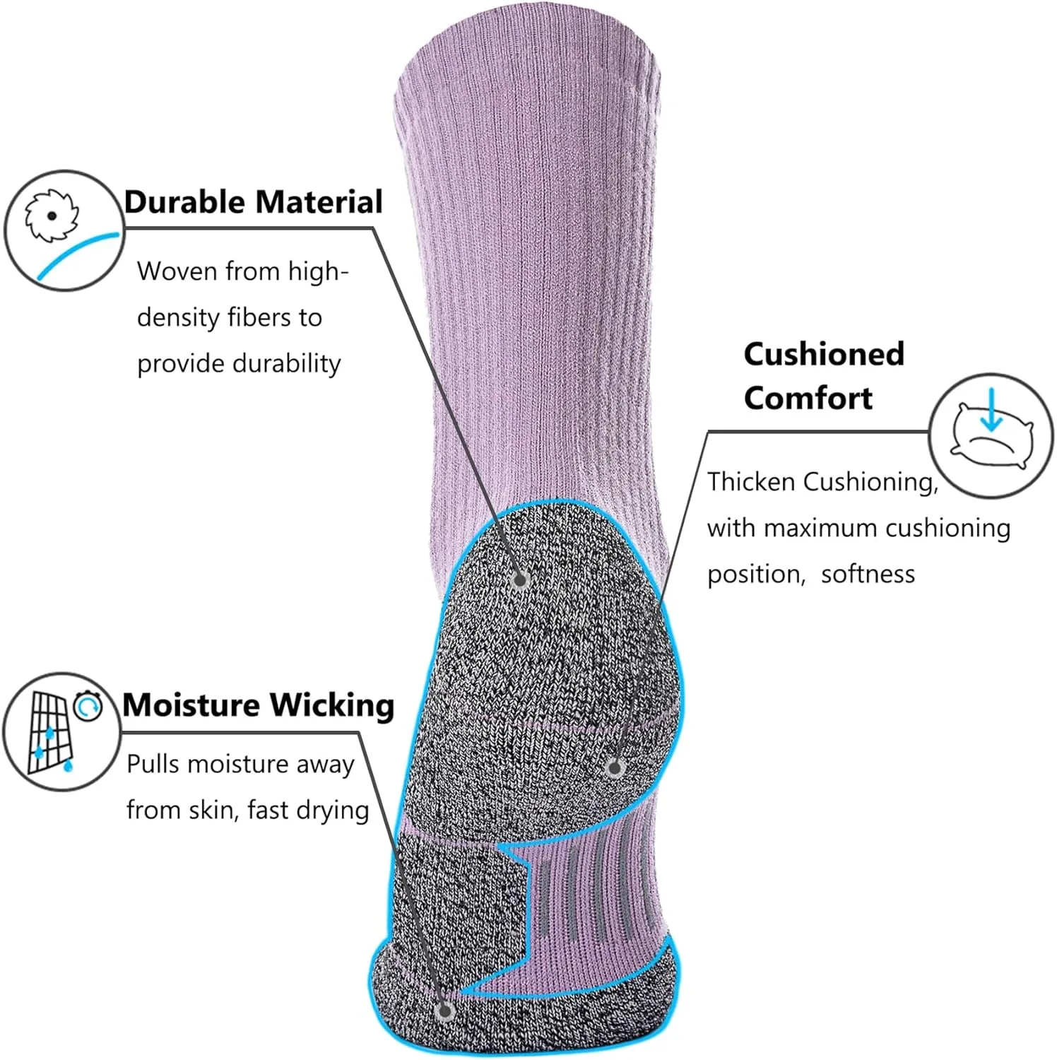 CWVLC Crew Hiking Socks, Cushion, Moisture Wicking, Arch Compression Boot Socks