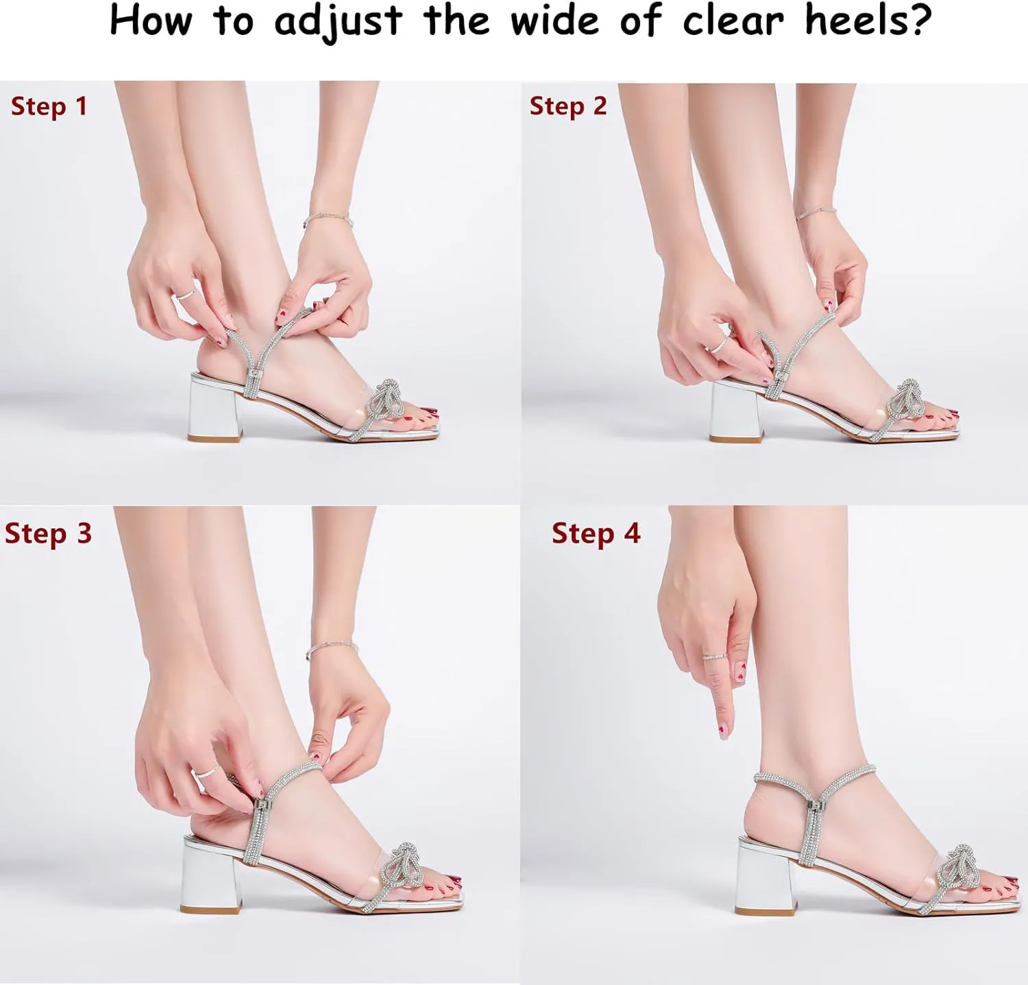 DADAWEN Women's Double Bowknots Crystal Sandals Clear Slingback Heels Square Toe Low Block Chunky Heels Sandals Wedding Party Dress Pumps Shoes