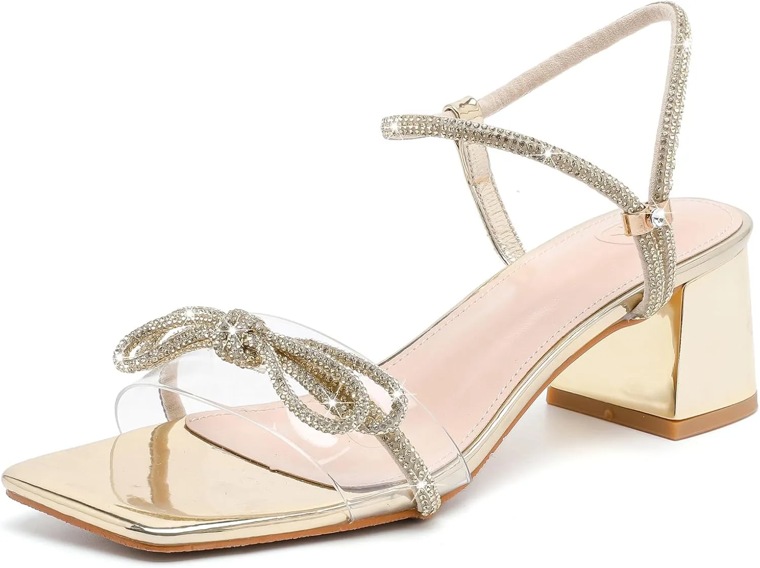 DADAWEN Women's Double Bowknots Crystal Sandals Clear Slingback Heels Square Toe Low Block Chunky Heels Sandals Wedding Party Dress Pumps Shoes