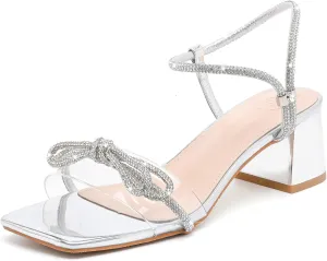 DADAWEN Women's Double Bowknots Crystal Sandals Clear Slingback Heels Square Toe Low Block Chunky Heels Sandals Wedding Party Dress Pumps Shoes