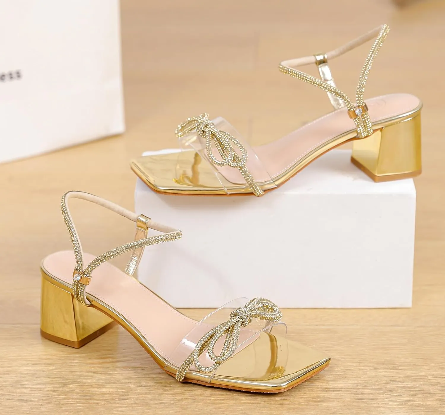 DADAWEN Women's Double Bowknots Crystal Sandals Clear Slingback Heels Square Toe Low Block Chunky Heels Sandals Wedding Party Dress Pumps Shoes