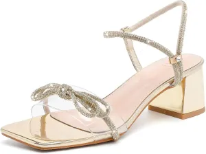 DADAWEN Women's Double Bowknots Crystal Sandals Clear Slingback Heels Square Toe Low Block Chunky Heels Sandals Wedding Party Dress Pumps Shoes