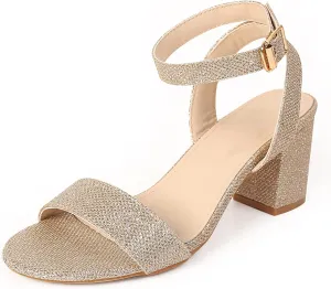 DADAWEN Women's Glitter Open Toe Ankle Strap Low Block Chunky Heels Sandals Party Wedding Bridal Dress Pumps Shoes