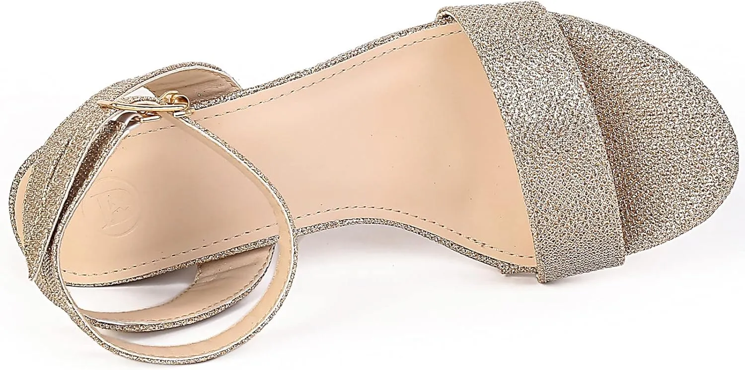 DADAWEN Women's Glitter Open Toe Ankle Strap Low Block Chunky Heels Sandals Party Wedding Bridal Dress Pumps Shoes