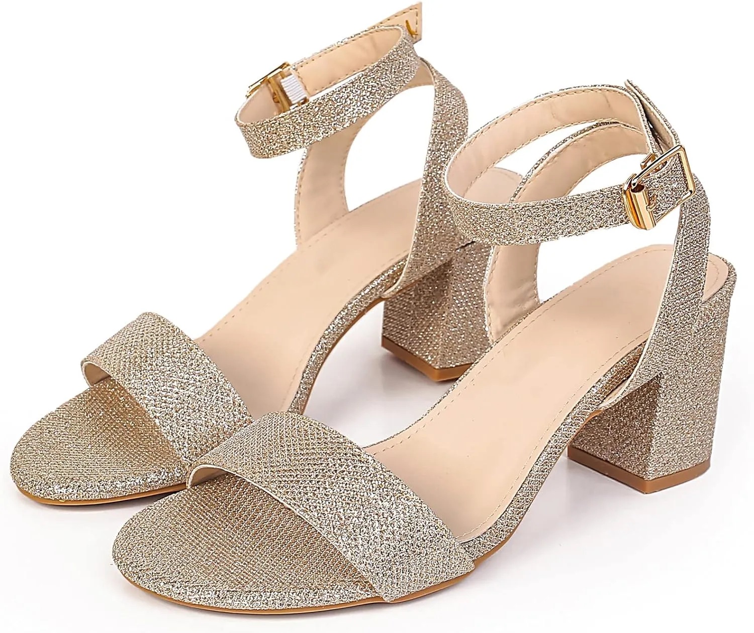 DADAWEN Women's Glitter Open Toe Ankle Strap Low Block Chunky Heels Sandals Party Wedding Bridal Dress Pumps Shoes