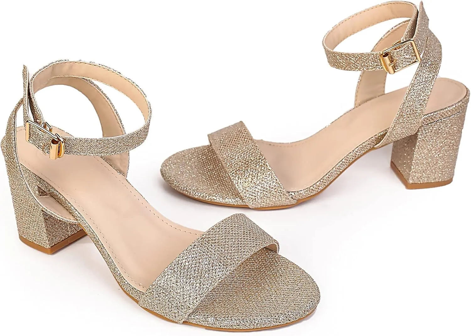 DADAWEN Women's Glitter Open Toe Ankle Strap Low Block Chunky Heels Sandals Party Wedding Bridal Dress Pumps Shoes