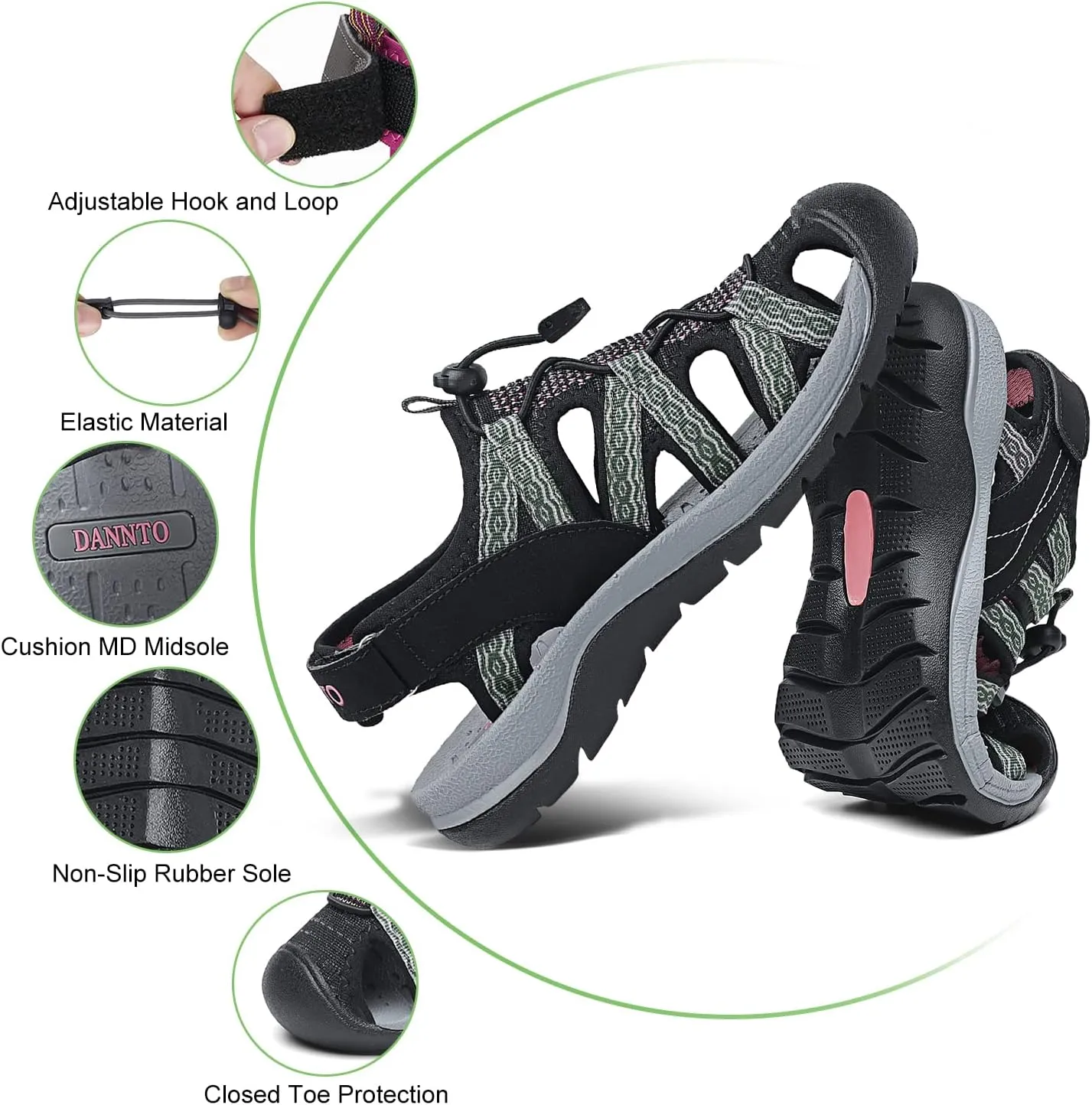 Dannto Women's Sport Sandals Close Toe Mesh Hiking Outdoor Athletic Casual Walking Sandals Water Shoes
