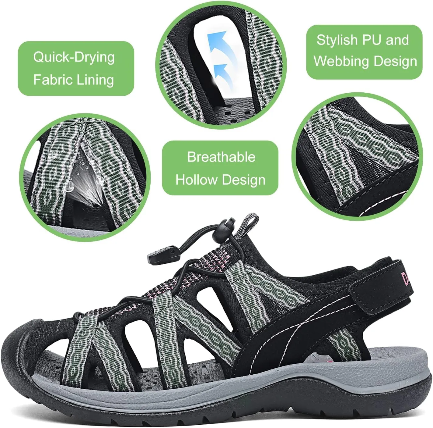 Dannto Women's Sport Sandals Close Toe Mesh Hiking Outdoor Athletic Casual Walking Sandals Water Shoes