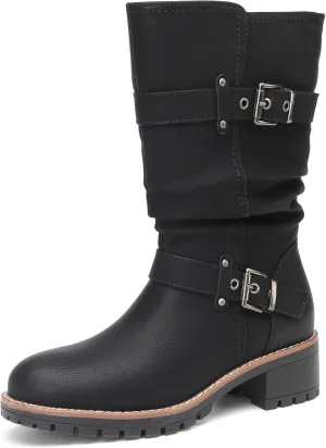 DECARSDZ Women's Mid-Calf Boots Fashion Classic Comfy Biker Motorcycle Riding Low Heel Dress Boot Shoes
