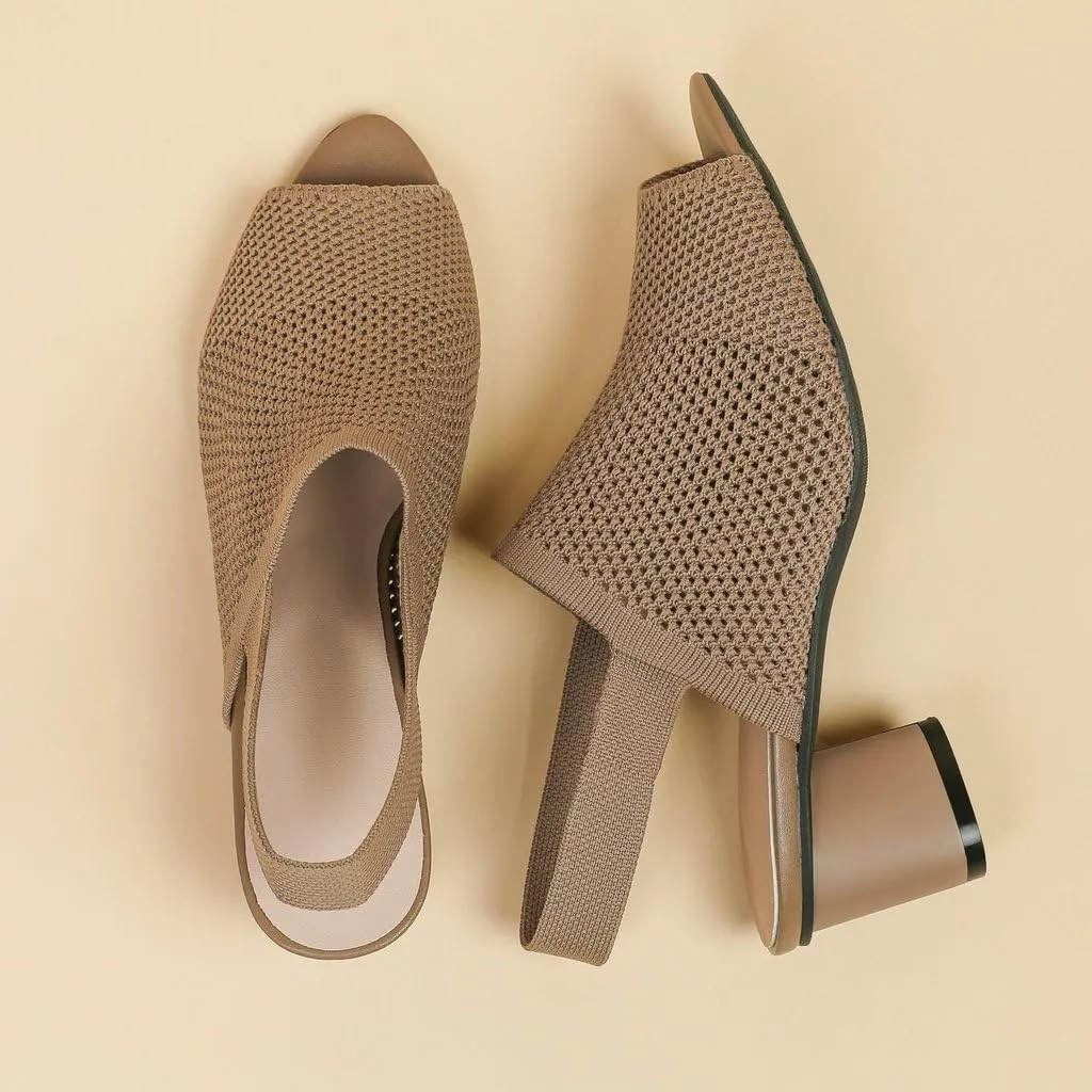 DINTAHA Open Toe Booties for Women,Knit Heeled Sandals, Chunky Heel Peep Toe Ankle Boots,Elastic Slingback Sandals