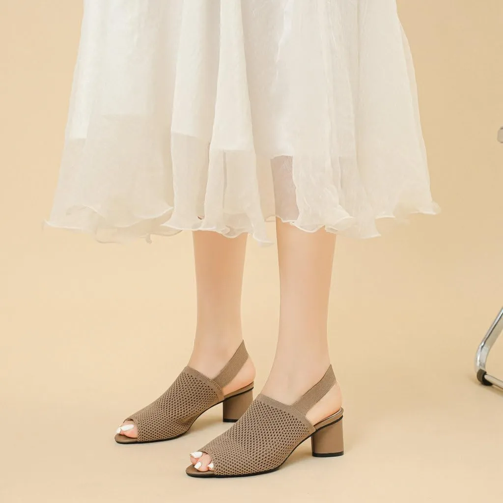 DINTAHA Open Toe Booties for Women,Knit Heeled Sandals, Chunky Heel Peep Toe Ankle Boots,Elastic Slingback Sandals