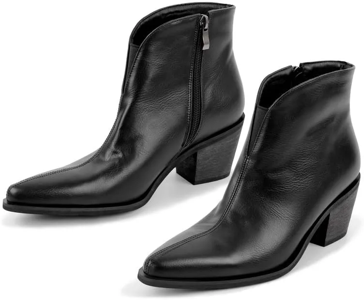 dollkiss Women's Pointed Toe Ankle Boots Block Heel Chelsea Cowboy Booties