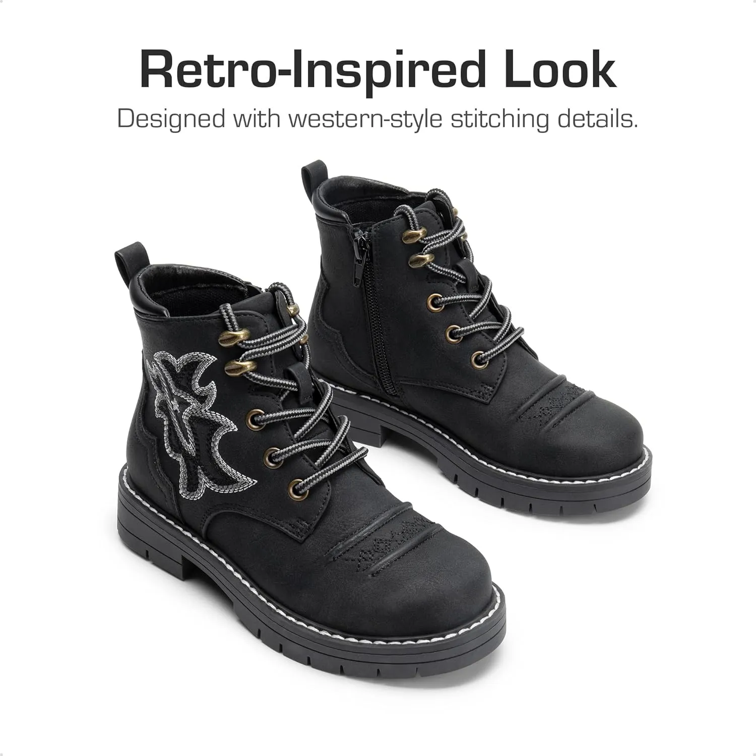 DREAM PAIRS Boys Girls Combat Ankle Boots Cowboy Cowgirl Western Embroidered Side Zipper Booties Toddler/Little Kid/Big Kid